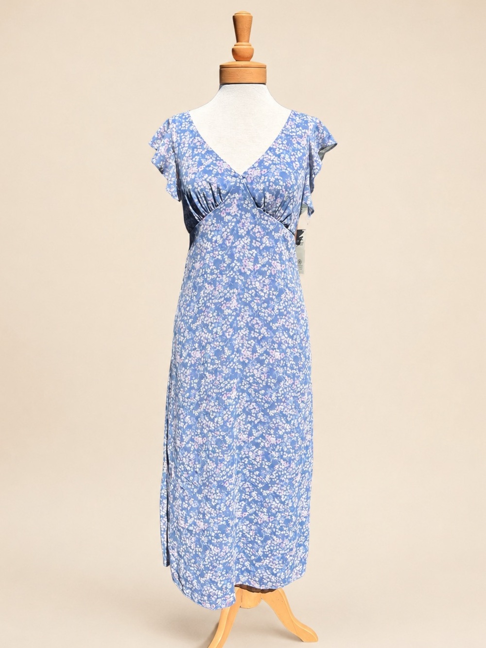 🌸💙 Fairy 🧚 Prairie Cottagecore Blue Floral Flutter Sleeve Maxi Dress S NWT